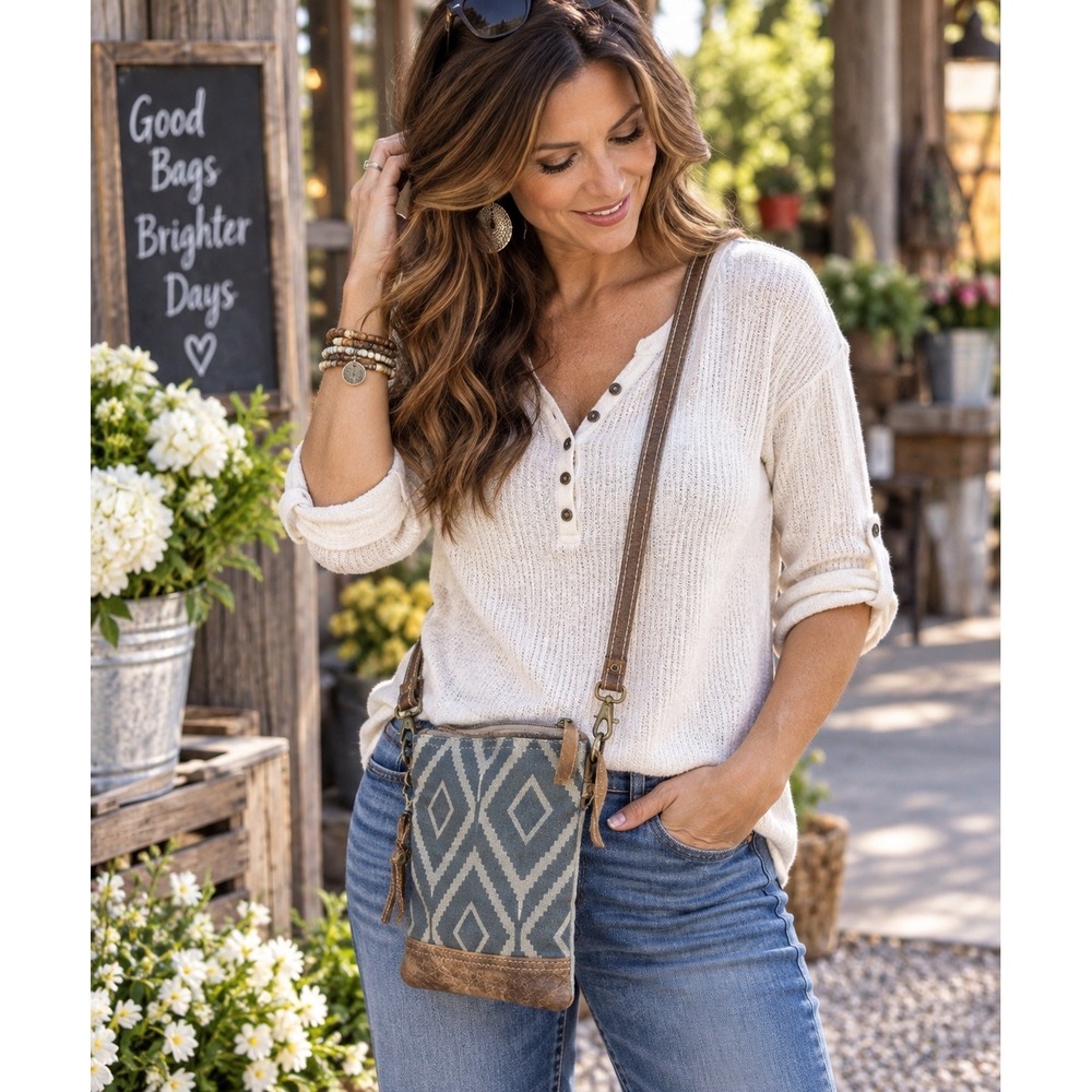 Myra Bag Gray Geometric Canvas Leather Crossbody Western Boho Distressed Casual